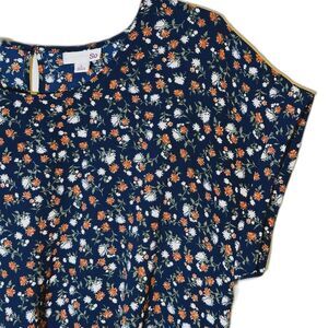 Women's Junior L Floral Blouse Navy Blue Burnt Orange Beige Twisted Front Hem SS